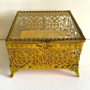 Gold Plated Footed Ormolu Bevel Glass Jewelry Trinket Box Case Square